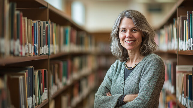 A friendly librarian in a library, standing among shelves of books, with reading areas visible in the background