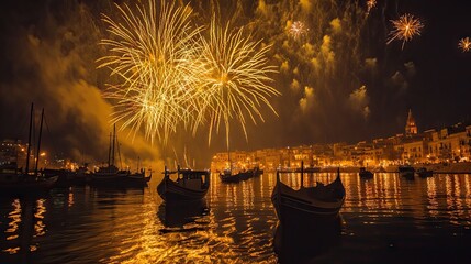 Fototapeta premium Beautiful yellow fireworks light up the sky during the Marsaxlokk religious feast in Malta, with boats below, celebrating tal-Madonna