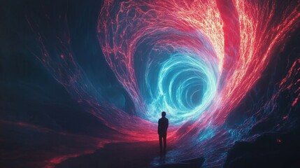An artist creating glowing, abstract visual art that syncs with sound, projecting the fusion of sight and sound into the atmosphere