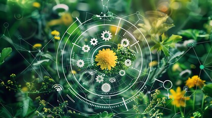 Connected gears in circular chart showing different segments of alternative energy and nature