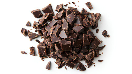 Fototapeta premium Pile chopped, milled dark chocolate isolated on white, top view