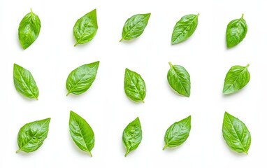 Obraz premium A high-resolution image of fresh, bright green basil leaves isolated on a pure white background