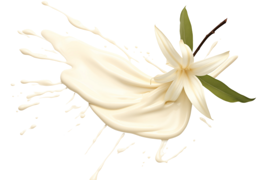Creamy vanilla extract flowing beside a delicate flower on a white background