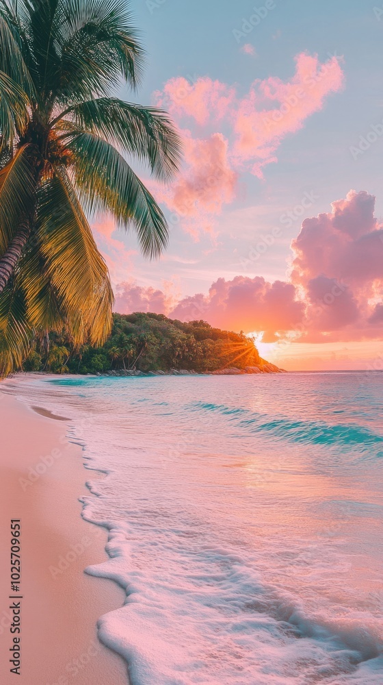 Poster a beautiful beach scene with a palm tree in the foreground