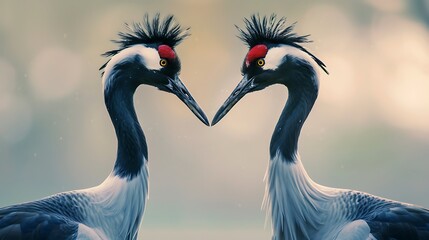 Cranes kissing each other forming a heart shaped impression of theres neck and head