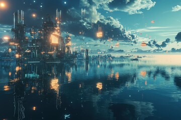 A glowing, futuristic city floating above a vast ocean, powered by hydrogen and solar energy, where people live in harmony with nature