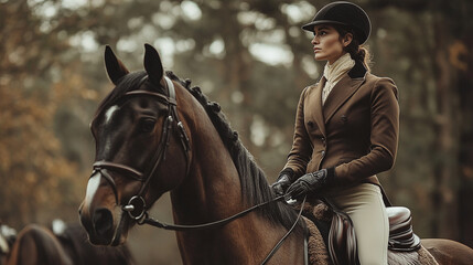 Obraz premium An equestrian in full riding gear, with a horse in the background