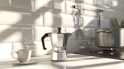 Cup of coffee and moka pot on light countertop in kitchen