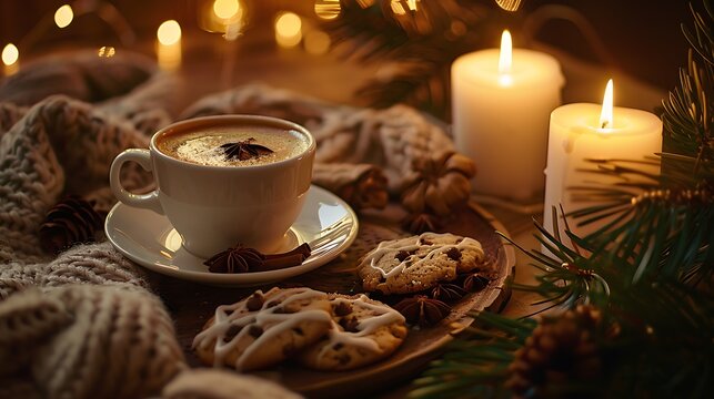 Cup of drink cookies and burning candles on coffee table indoors - Powered by Adobe