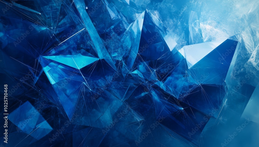 Poster abstract blue geometric background of crystal-like shapes with depth and texture.