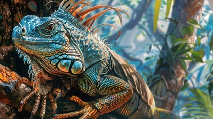 Obraz premium A Vibrant Blue and Orange Iguana Resting on a Tree Branch