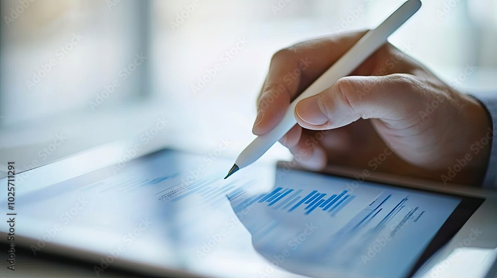 Poster close-up of a businessman using a stylus to e-sign a document on a digital tablet, illustrating the 