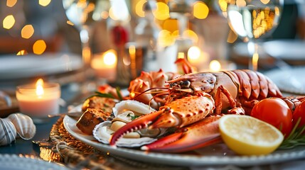 Delicious plate of sea food served on a table ready to start a romantic dinner