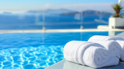 Naklejka na ściany i meble Close up of white towels next to a swimming pool with blue water and sea view, vacation concept