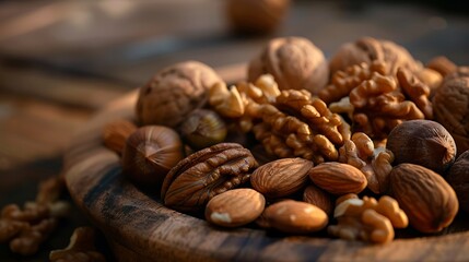 Naklejka premium display of nuts on wooden plate
