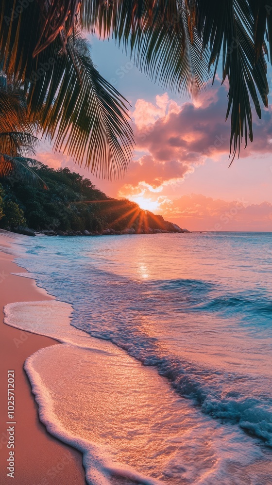 Poster a beautiful sunset over the ocean with a palm tree in the background
