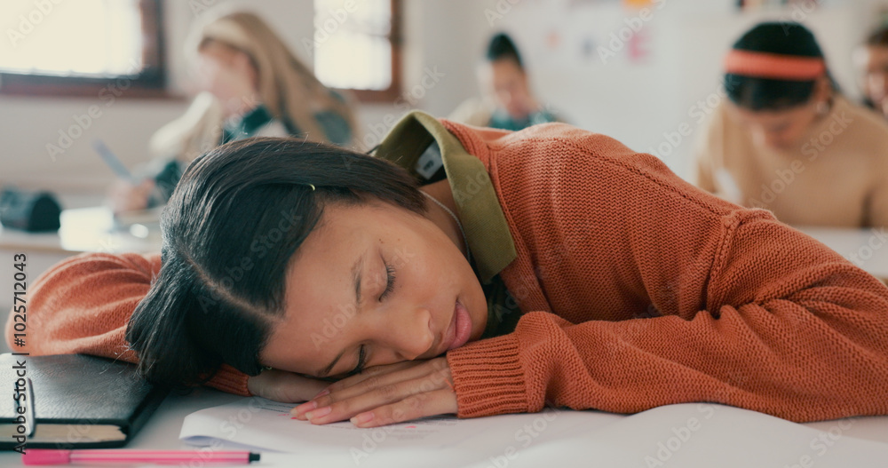 Poster tired, sleeping and girl on desk in classroom at school with fatigue in lesson for learning. burnout