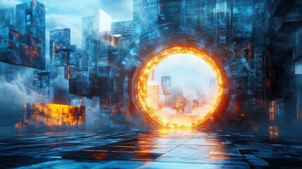 Fototapeta premium A glowing portal in a cityscape, opening to a world of abstract, shifting geometries and floating structures, blending reality with a surreal dreamscape
