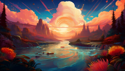Fototapeta premium A vibrant sunset over a serene river, surrounded by colorful mountains and lush flora, creating a peaceful and dreamy landscape.