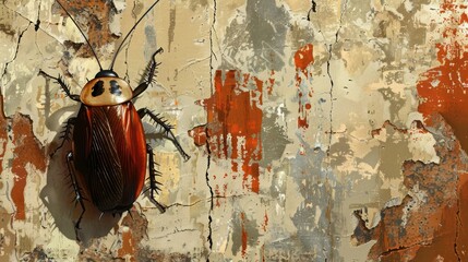 Cockroach on Weathered Wall with Cracked Paint