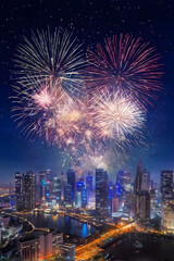 Fireworks in the city image wallpaper. New year's eve celebration, abstract fire background, holiday festive season party event landscape. Colourful star display illuminate night sky. 3d modern design