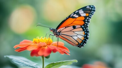 Butterfly on flower with vibrant wings, soft lighting, serene garden atmosphere