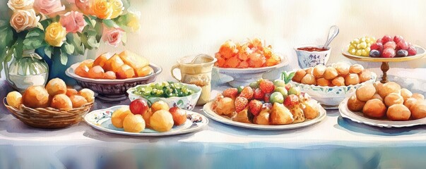 A colorful display of various traditional dishes on a beautifully set table.