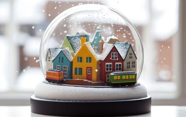 A whimsical 3D snow globe featuring a miniature toy city with colorful houses, a tiny train running around the base, and snow falling gently on the rooftops. 