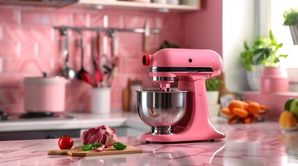 Electric meat grinder with beef and products on pink marble table in kitchen
