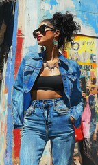 Naklejka premium Woman in denim jacket and jeans with colorful background.
