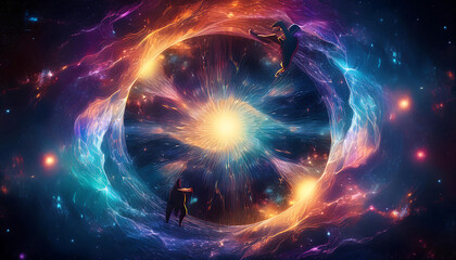 Obraz premium Stunning cosmic scene with vibrant colors and galactic elements, evoking mystery and the vastness of the universe.