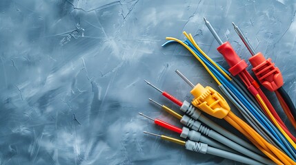 Electrical tools and cables used in electrical installations on grey metal background