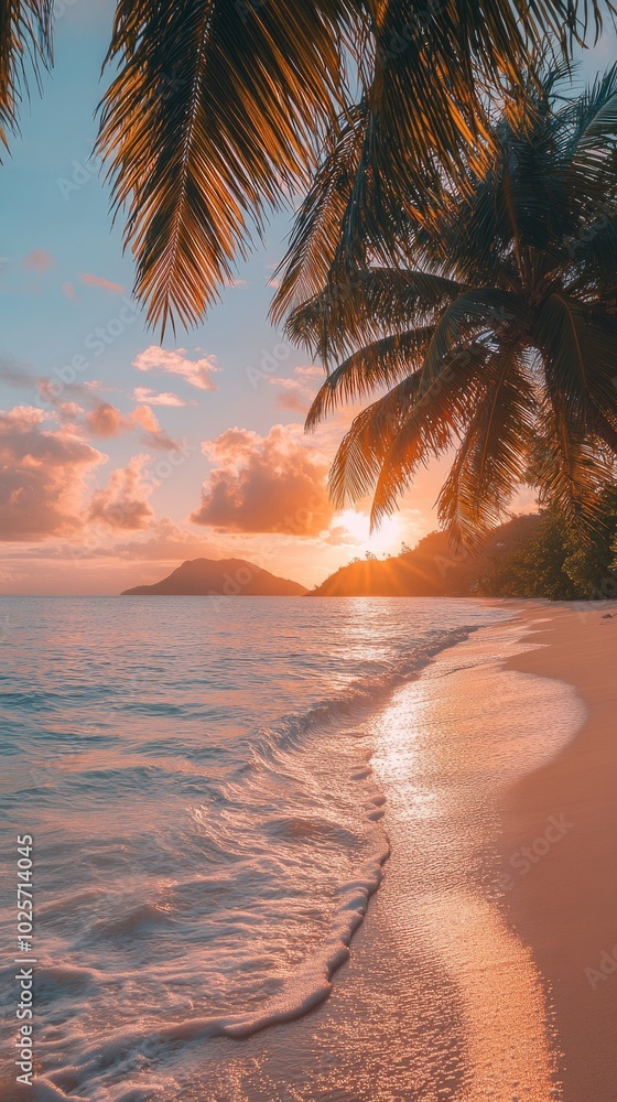 Poster a beautiful beach scene with a palm tree in the foreground