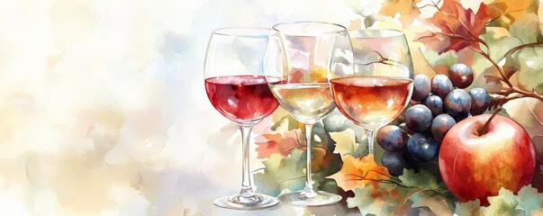 Three elegant wine glasses with vibrant autumn leaves and fruits in a serene setting.