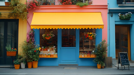 Colorful Storefront with Yellow Awning and Potted Plants Flourishes in City