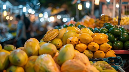 Exotic fresh fruits at the night market in pattaya papaya and yellow mango