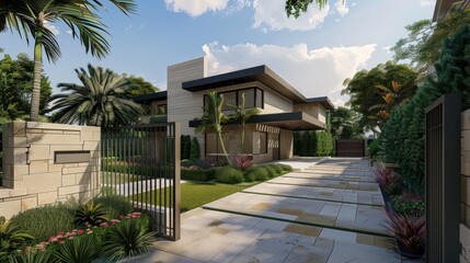 Modern House with Stone Exterior and Lush Landscaping