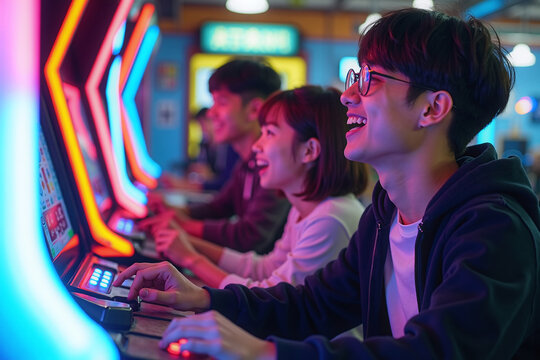 A group of Asian friends competing each other playing arcade machine games and having a fun exciting time together. Japanese young man absorbed in an intense videogame at a gesen in Tokyo, Japan.