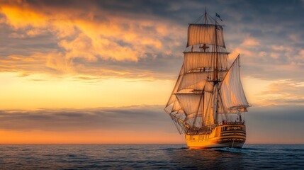 A tall ship sails across the ocean at sunset.  The sky is filled with dramatic, colorful clouds.