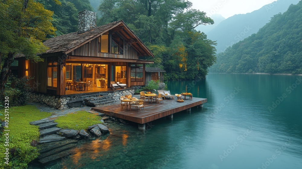 Poster a house with a dock and a lake in the background