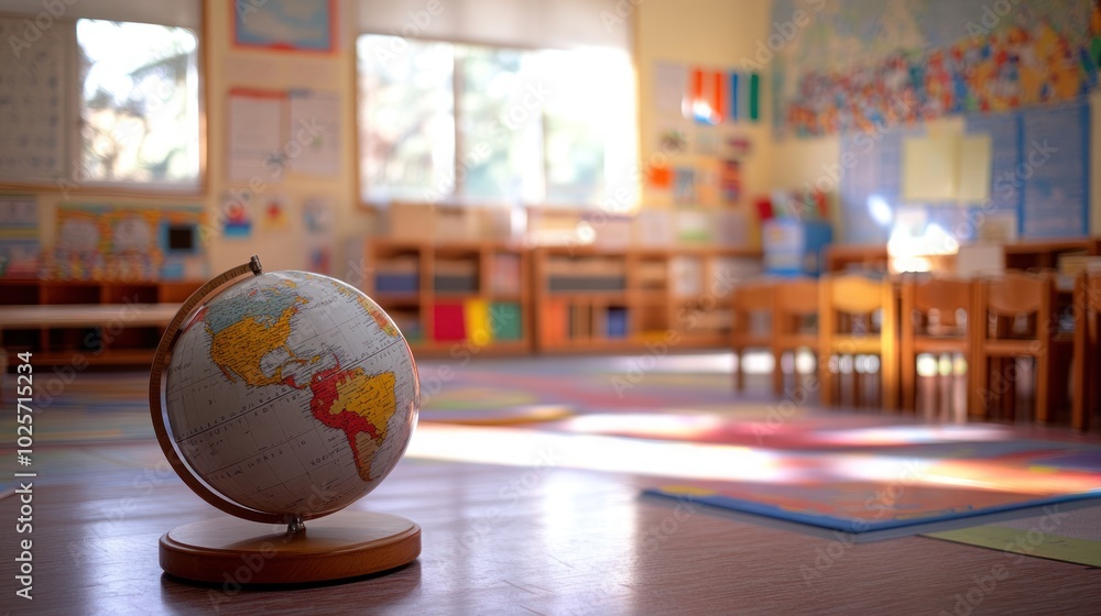 Poster a globe sits in the center of an empty classroom, with natural light shining through the windows.