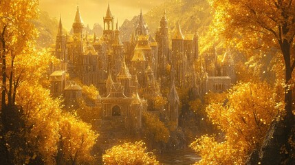 Obraz premium A vibrant fairytale city where golden buildings sparkle under the sun, surrounded by trees with shimmering golden leaves in a magical setting