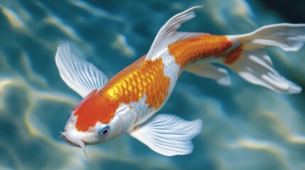 Stunning koi fish, champion of a contest, with no blemishes and richly colored scales, swimming gracefully in a serene pond.