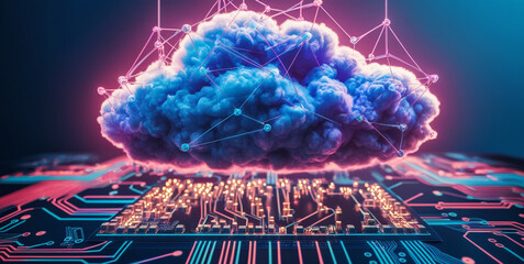 A digital cloud hovers above the computer board, symbolizing limitless data storage.