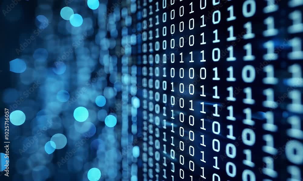 Fototapete 4k animation of blue binary digits flowing in a digital stream, representing coding, data transfer, 