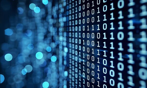 4K animation of blue binary digits flowing in a digital stream, representing coding, data transfer, and technology. Perfect for illustrating programming, cybersecurity, and futuristic tech concepts.
