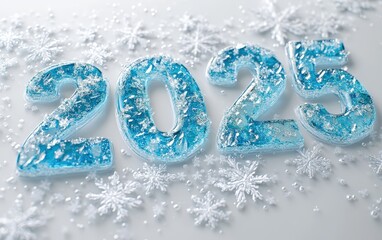 The numbers "2025" crafted from icy textures with frosted edges and sparkling snowflakes, set against a pristine white background, capturing the cold beauty of winter 