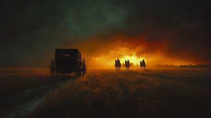 Fototapeta premium Mysterious Horse-Drawn Carriage Silhouetted Against Midnight Stars image