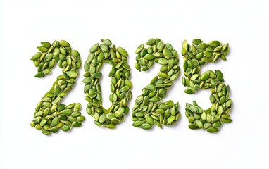 The numbers "2025" formed by vibrant green pumpkin seeds scattered across a pure white background, with each seed detailed for texture and freshness. 