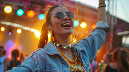 Fototapeta premium A young woman enjoying a vibrant music festival, celebrating life with joy and energy, surrounded by colorful lights and happy people.